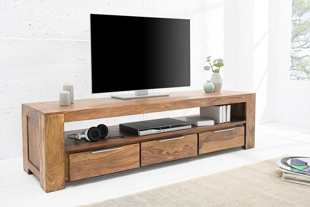 Reto Sheesham Wood Three Drawer & One Shelf Large Media Unit In Natural Finish  For Living Room Furniture