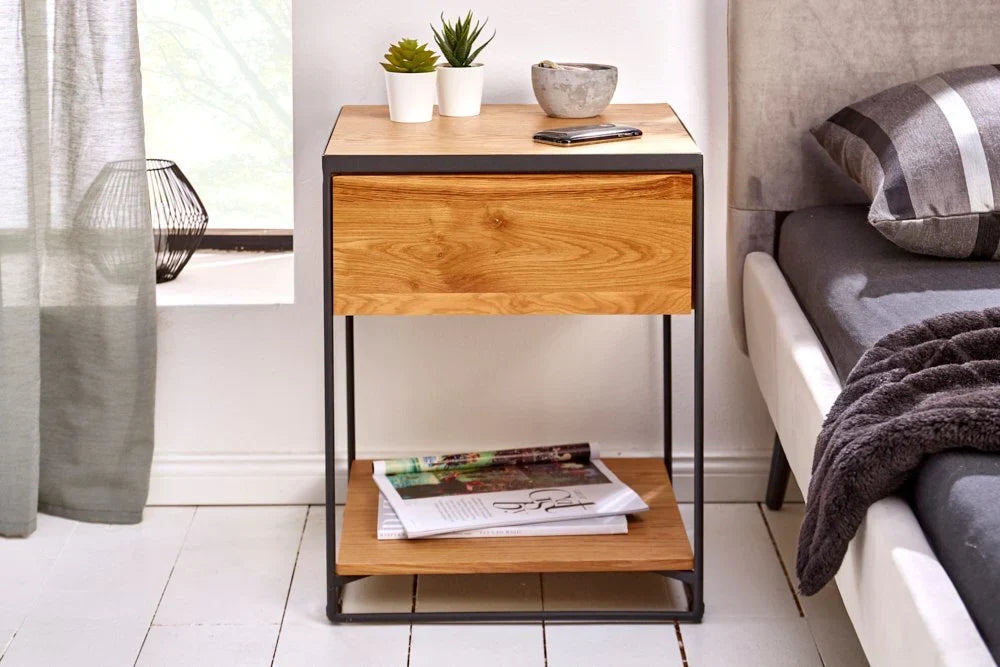 Acme Solid Wood Side Table In Natural & Black Finish For Bed-Room Furniture