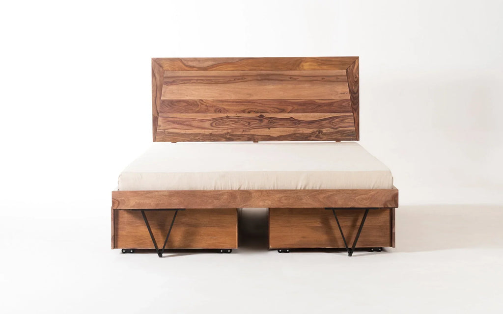 Haida Solid Wood King & Queen Size Beds With Drawers  In Natural Teak Finish For Bedroom Furniture