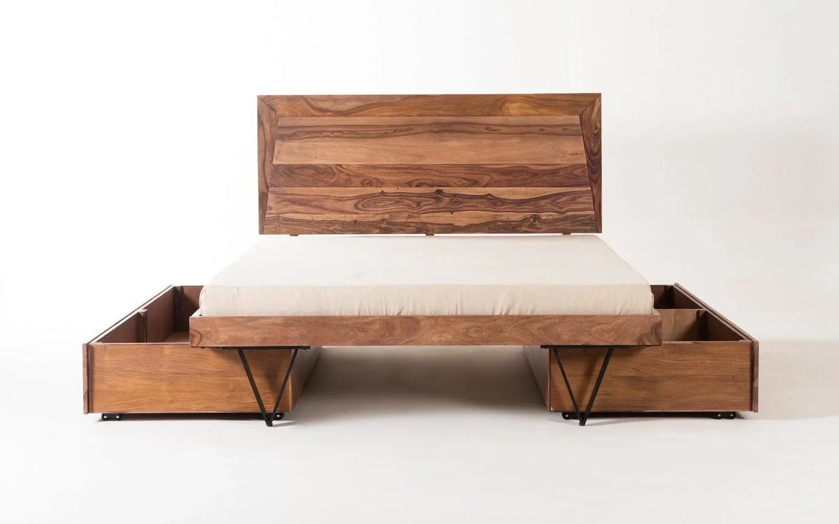 Haida Solid Wood King & Queen Size Beds With Drawers  In Natural Teak Finish For Bedroom Furniture